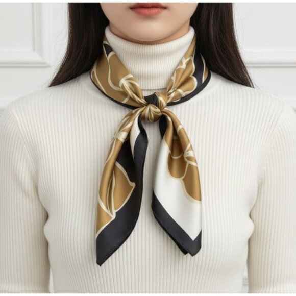 ⭐Silky Square Scarf Elegant Bandana FLORAL Black Brown Luxurious Soft Versatile⭐ - Picture 2 of 5